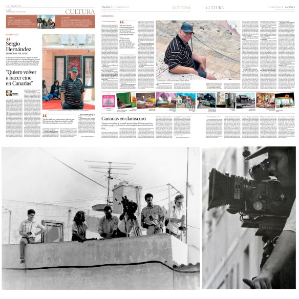 El artículo, tal y como se publicó en La Provincia, sobre dos fotos tomadas durante el rodaje de "Calvario, tocata y fuga de un ataúd" en 1988 / OAC-GCED