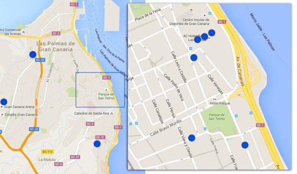 En azul, los puntos donde se rodaron escenas de "Cien años de perdón", con el recuadro ampliado a la derecha. / Elaboración propia OAC